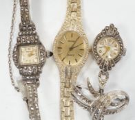 A late 1950's silver and marcasite set Premex manual wind cocktail watch, a similar lapel watch