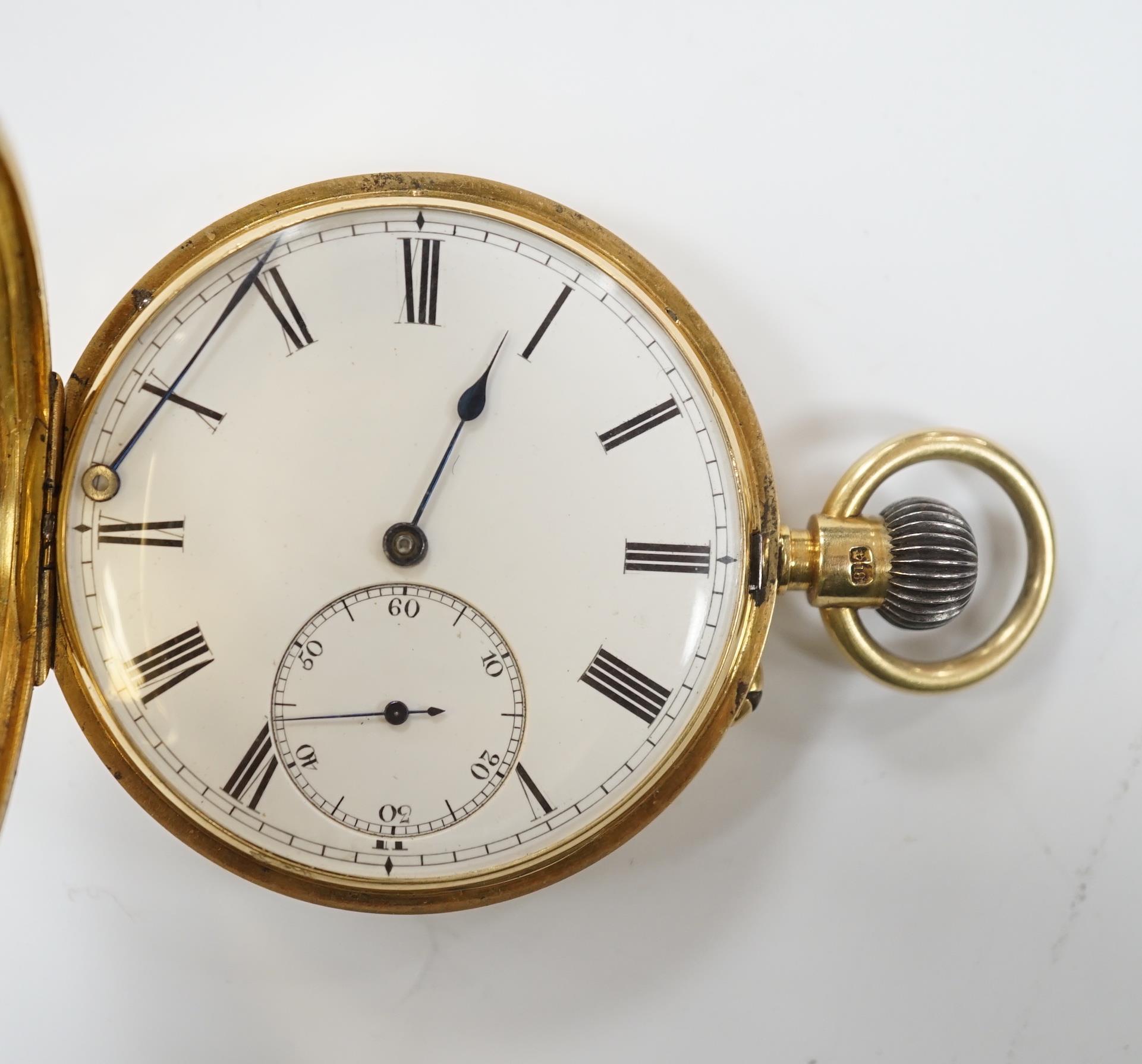 An 18ct gold keyless hunter pocket watch, with Roman dial and subsidiary seconds, the case with