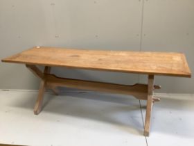 An 18th century style rectangular bleached oak tavern table, length 205cm, width 67cm, height 74cm