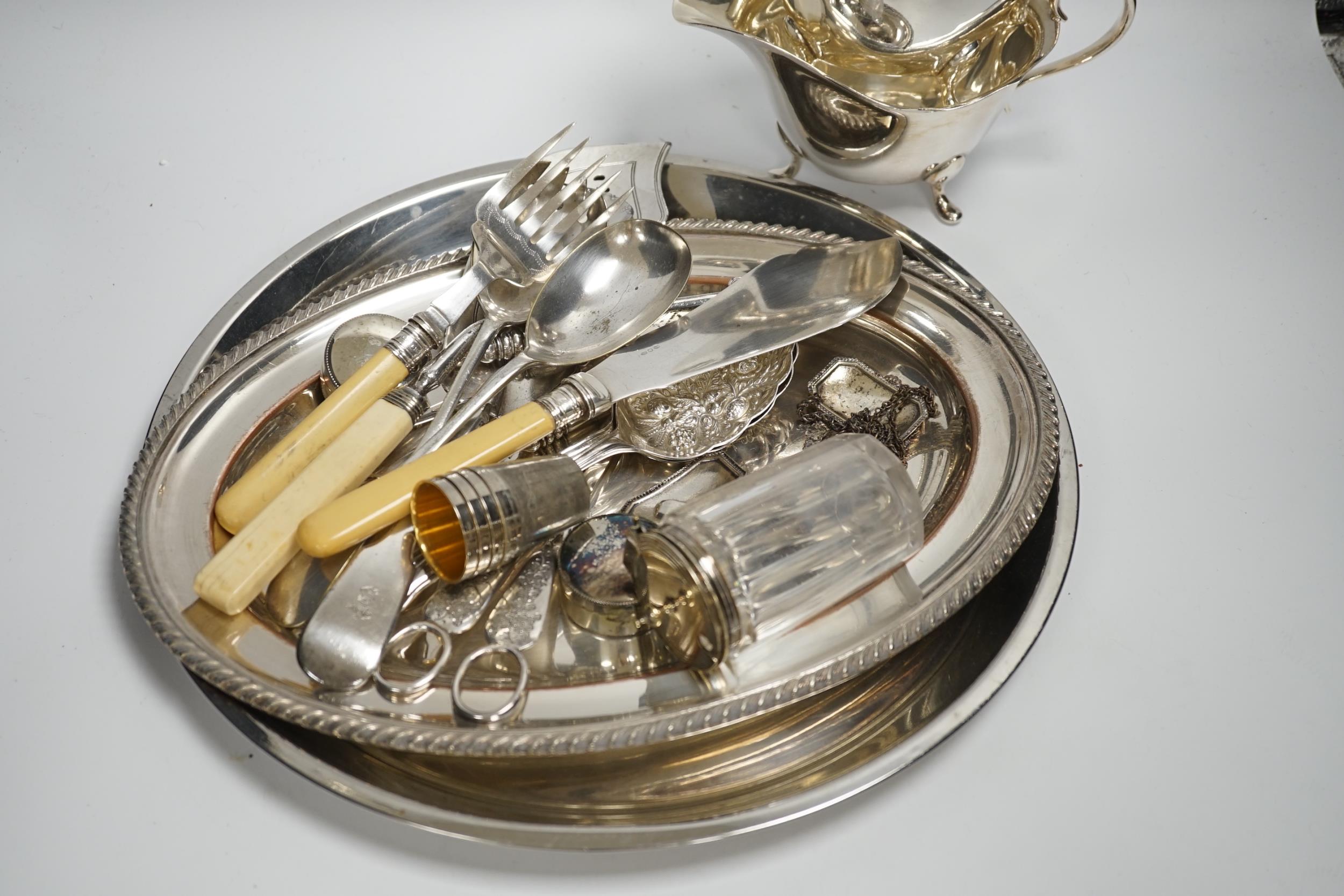 A small quantity of silver plate, two sauce boats, spirit labels, circular tray, etc. - Image 2 of 6