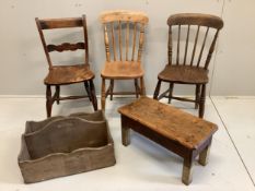 Three Victorian elm and beech Windsor kitchen chairs, a rectangular elm low stool and a pine two