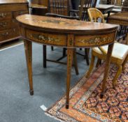A Sheraton Revival painted rosewood banded satinwood folding card table, width 96cm, depth 43cm,
