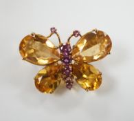 A modern Italian 750 yellow metal, four stone citrine and graduated seven stone pink sapphire set