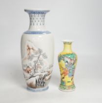 A Chinese Republic period enamelled porcelain ‘winter scene’ vase, and a yellow ground ‘warriors’