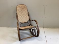 A caned beech bentwood rocking chair, width 49cm, depth 72cm, height 108cm
