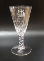 A large Edward VIII commemorative trumpet goblet with etched glass design and cypher dated 1937,