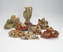 Eight early 20th century Chinese soapstone brushwashers, vases and carvings, largest 16cm high