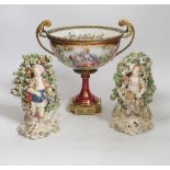 A pair of Derby figures, c.1775, a Paris porcelain gilt metal mounted comport and a glass jar,