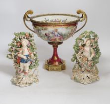 A pair of Derby figures, c.1775, a Paris porcelain gilt metal mounted comport and a glass jar,