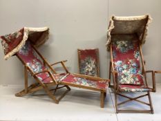 A pair of 1950’s Hayes deck chairs with folding sunscreens and detachable foot rests.