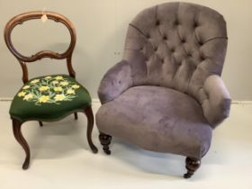 A Victorian upholstered spoonback armchair, width 73cm, depth 64cm, height 86cm together with a