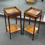 A pair of Sheraton Revival painted satinwood urn tables with pierced galleries, width 30cm, depth