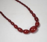 A single strand graduated oval simulated cherry amber bead necklace, 70cm, gross weight 63 grams.