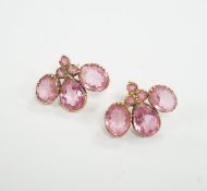 A pair of early 20th century yellow metal and pink paste cluster ear studs, width 26mm, gross weight