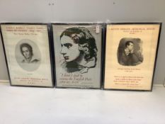 Three framed posters Keats, Shelley and Byron, each width 52cm, height 72cm