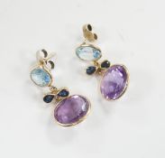 A pair of yellow metal and four stone, blue topaz, amethyst and sapphire? set drop earrings, 25mm,