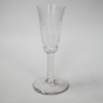 An English lead crystal SSOT ale glass, c.1760, the elongated round funnel bowl engraved with hops