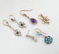 A group of seven assorted Edwardian and later single earrings, including amethyst and diamond,