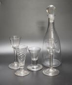 A group of four George III wine glasses and a mallet-shaped decanter, decanter 29cm