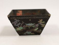 A Chinese Kangxi period lac burgaute (lacquer) vessel, top of vessel 10cm square