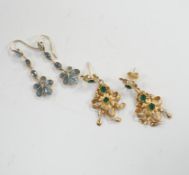 A pair of yellow metal and green paste set drop earrings, 41mm and a pair of yellow metal and