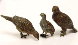 Three Austrian cold painted models of Grouse, tallest 5cm high