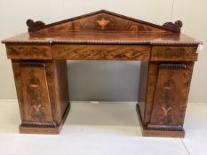 A William IV later marquetry inlaid mahogany pedestal sideboard, width 162cm, depth 54cm, height