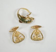 A continental 18k and two colour enamel dolphin ring, size N and a pair of 750 yellow metal Middle