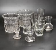 Thirteen 19th century glass items, including a set of four beakers, a pair of vases, stemmed