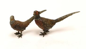 Two Austrian cold painted bronze models of Pheasants, largest 9.5cm wide