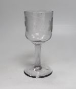 An English lead crystal goblet, c.1740-50, ogee bowl with tool marks, engraved fruiting vines and