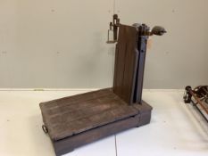 A set of Victorian oak and cast iron sack scales, height 85cm
