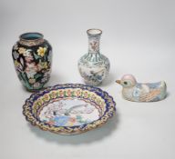 Two Chinese Canton (Guangzhou) enamel vases, a bowl and a 'duck' box and cover (4)