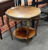 A Louis XVI style gilt metal mounted circular mahogany two tier occasional table, diameter 61cm,