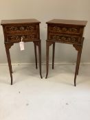 A pair of small marquetry inlaid mahogany two drawer bedside tables, width 30cm, depth 20cm,