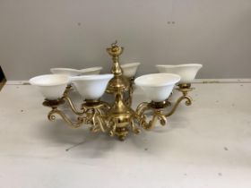 A Christopher Wray gilt brass eight branch chandelier with shades, height 53cm