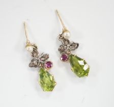 A pair of yellow metal, peridot, red stone, cultured pearl and rose diamond cluster set drop