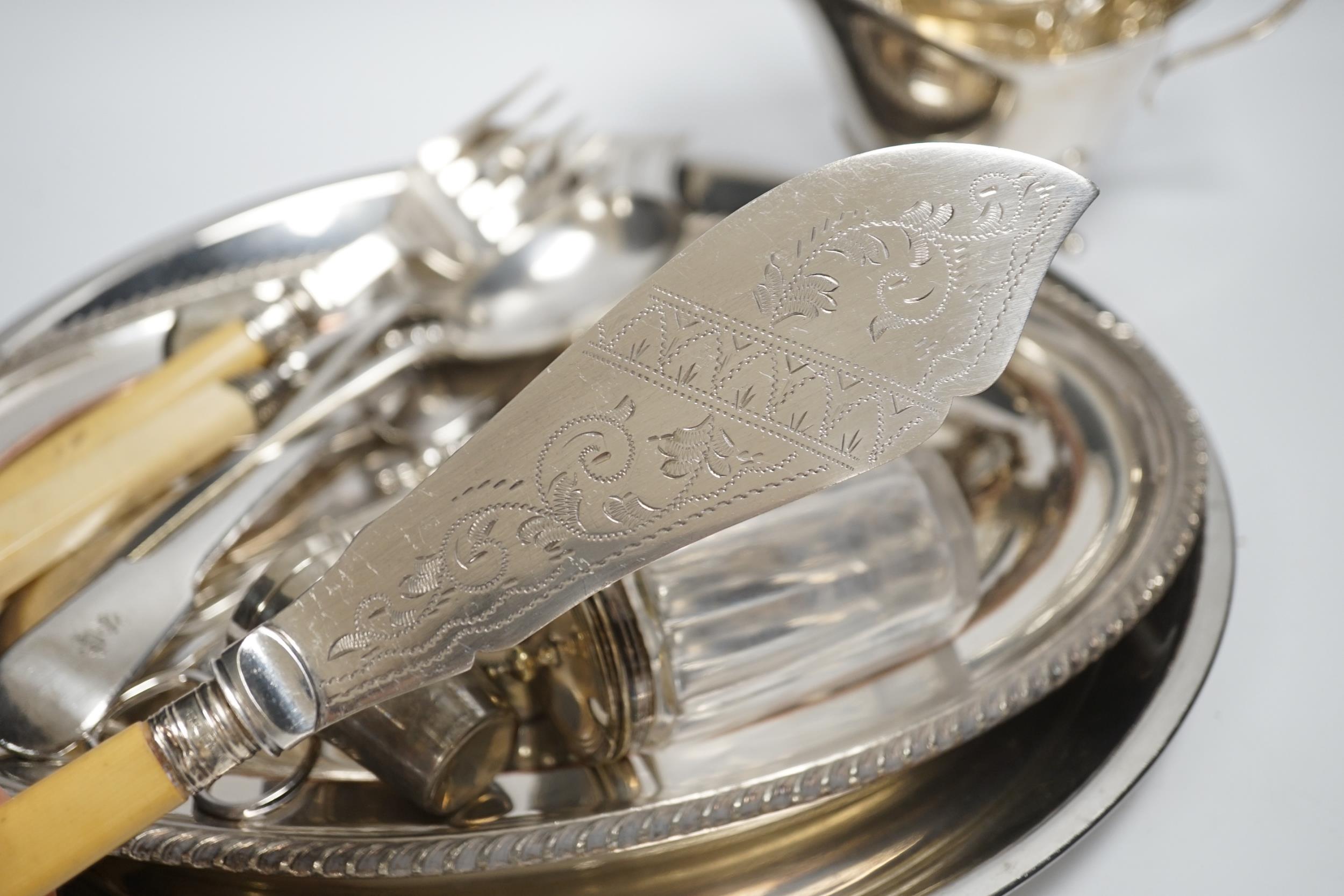 A small quantity of silver plate, two sauce boats, spirit labels, circular tray, etc. - Image 4 of 6