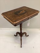 An Italian style inlaid walnut side table on barley twist tripod base, width 54cm, depth 40cm,