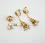 A pair of 585 tassel drop ear clips, 42mm, a yellow metal ball charm and three cultured pearl set