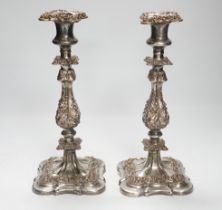 A pair of silver plate Sheffield candlesticks, 31cm high