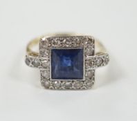 A 1940's/1950's 18ct gold & platinum, sapphire and diamond cluster set tablet ring, with diamond set