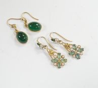 A pair of yellow metal and cabochon chrysoprase set drop earrings and a pair of yellow metal,