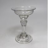 An English lead crystal champagne or sweetmeat glass, c.1745, flat double ogee bowl with everted