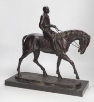 After Pierre-Jules Mêne (1810-1879) bronze study of horse and rider raised on marble base, 43cm