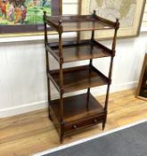An early Victorian rosewood four tier whatnot, width 49cm, depth 48cm, height 113cm