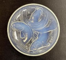 Pierre D'Avesn - a Lalique style opalescent glass dish, moulded in relief with three carp among