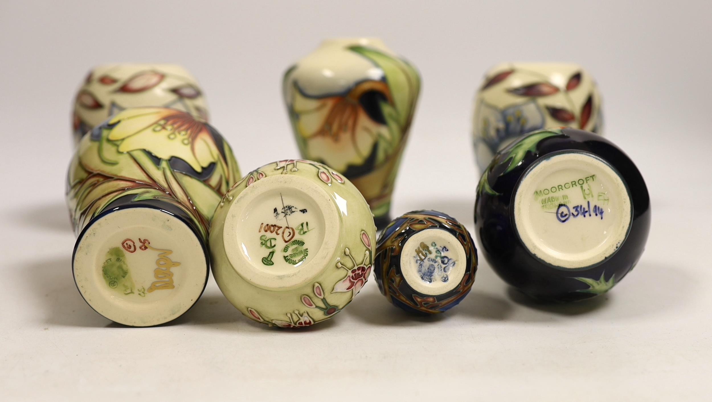 Seven small Moorcroft vases, various patterns. Tallest 10cm - Image 3 of 6