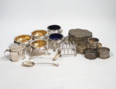 Five assorted Georgian silver bun salts and sundry small silver wares including napkin rings,