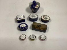 Two South Staffordshire enamel sweetheart patch boxes and two similar snuff boxes, three South